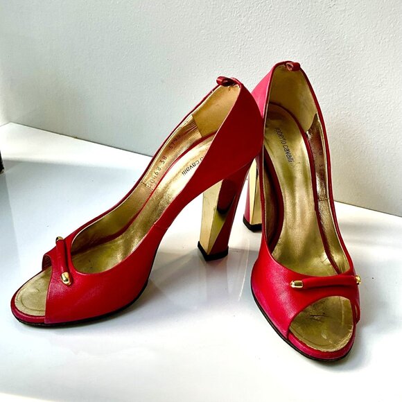 Roberto Cavalli Red Leather Peep Toe Heels Sandals Size EU 38 Italy - Picture 5 of 7